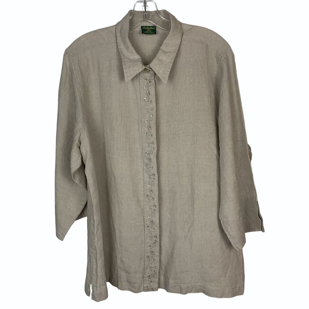 Cabelas Womens Beige Linen Shirt With Floral Embroidered Front Placket Size XL